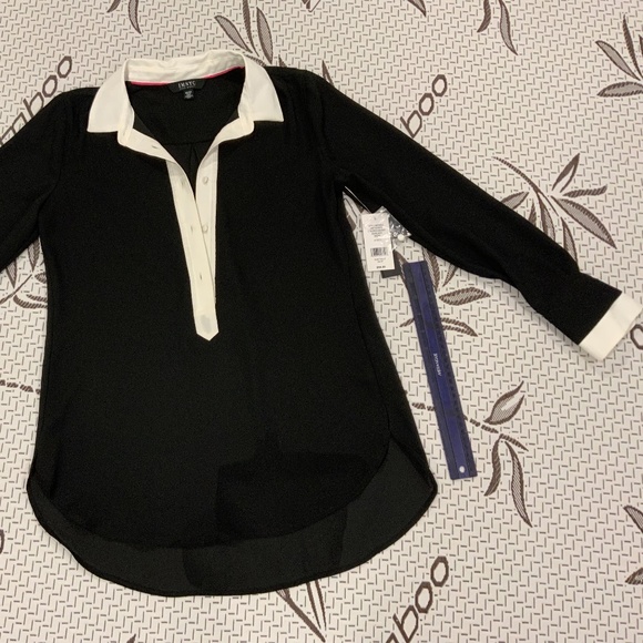 IMNYC Isaac Mizrahi Black Buttoned Blouse Shirt with White Collar and Cuffs - Picture 7 of 10